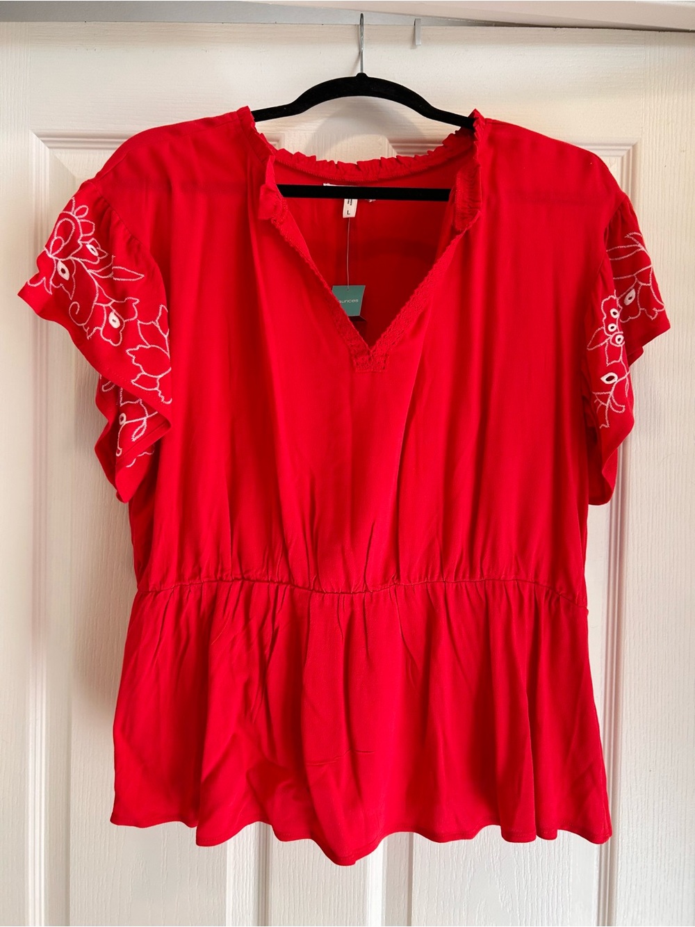 Maurices Red V-Neck Peplum Blouse with White Floral Embroidery
